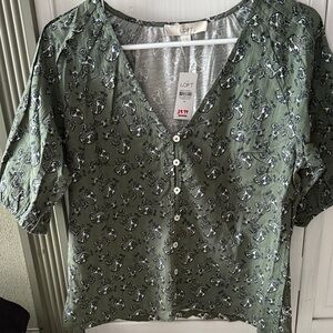 LOFT Olive Floral Button-Up Blouse